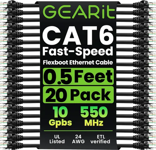 GEARit Paquete de 20 cables de conexión Cat6 de 0.5 pies/6 pulgadas, cable Ethernet Cat 6 sin enganches, flexible y suave, serie premium, color negro