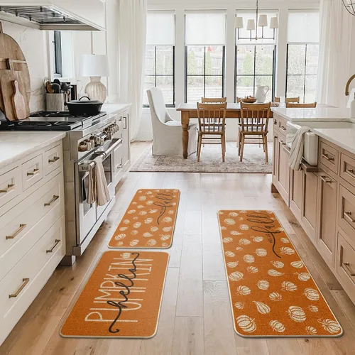 Miniatura 5 de Artoid Mode Juego de 3 tapetes de cocina naranja con texto en inglés "Hello Pumpkin", decoración otoñal para el hogar, alfombras de cocina de bajo