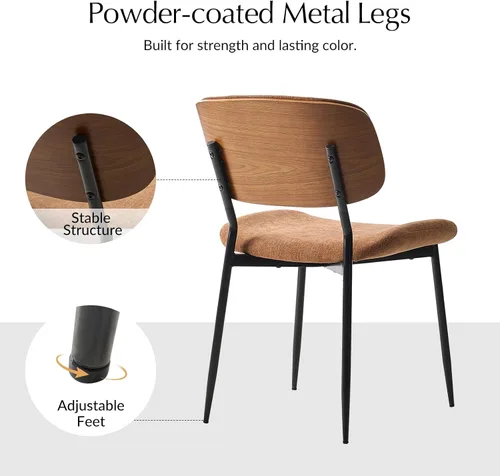 Miniatura 4 de HULALA HOME Juego de 2 sillas de comedor tapizadas modernas de mediados de siglo con respaldo curvado de madera, patas de metal negro, silla de cena