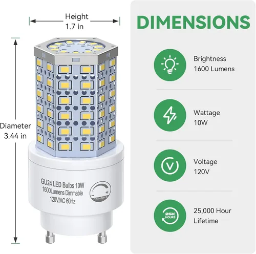 Miniatura 2 de BMXKPO foco GU24 LED regulable 10 W, 4000 K, 1600 lúmenes (equivalente a 100 W), reemplaza bombilla CFL de torsión de 2 puntas (paquete de 4)