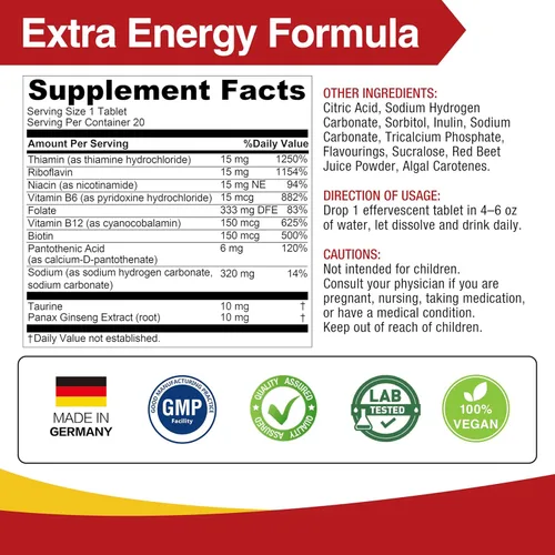 Miniatura 3 de LOVITA Comprimidos efervescentes del complejo de vitamina B, 20 unidades, más extracto de taurina y ginseng, apoya el metabolismo energético, sabor