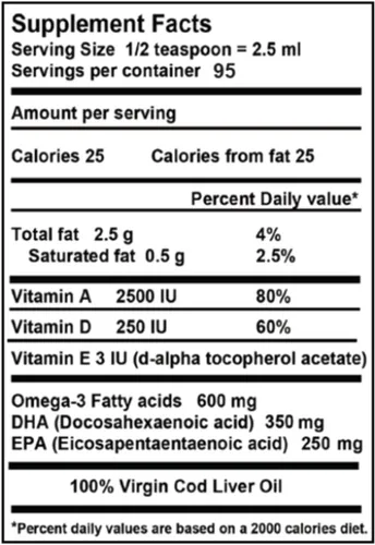 Miniatura 5 de Aceite de hígado de bacalao virgen, 8 onzas líquidas, natural, capturado en la naturaleza y sabor fresco, alto en vitamina D, Omega 3 DHA/EPA