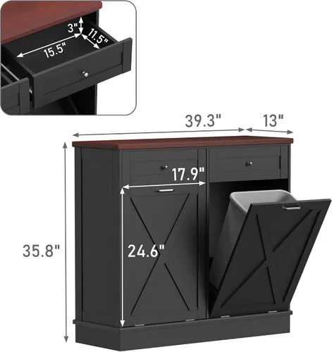 Miniatura 2 de TOLEAD Gabinete de basura oculto de madera de 2 x 10 galones con puerta de granero y parte superior de madera maciza, contenedor de basura de cocina