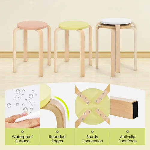 Miniatura 9 de COSTWAY Juego de 4 taburetes apilables de madera curvada, sillas de mostrador sin respaldo de 18 pulgadas de altura con parte superior redonda