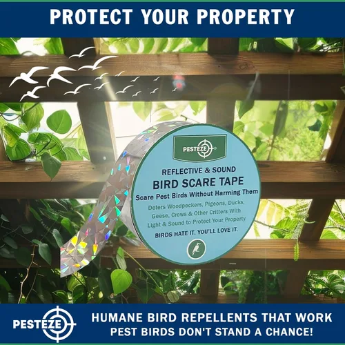 Miniatura 2 de PESTEZE Cinta holográfica reflectante y sonora de doble cara para asustar pájaros [2 pulgadas x 360 pies] Uso en patios y granjas para proteger