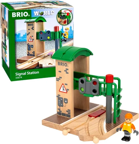 BRIO World Signal Station - Juego de 2 piezas de pista de tren de madera con luz roja interactiva y figura - Certificado FSC - Compatible con todos