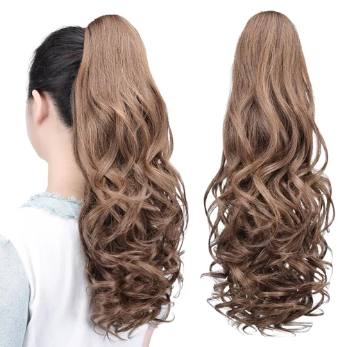 Miniatura 55 de Extensiones de cola de caballo, extensiones de cabello rizado con clip de garra de color marrón oscuro para mujer, peluca sintética de cola