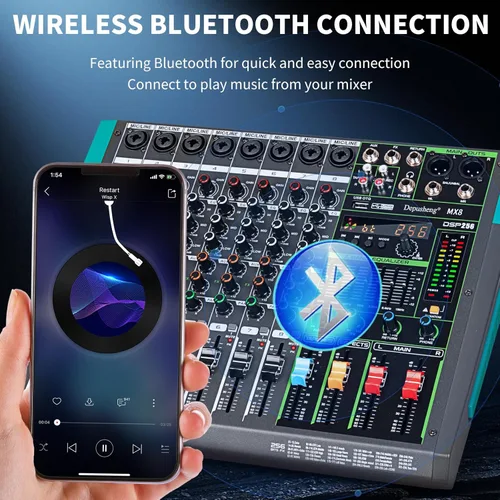 Miniatura 6 de Depusheng MX8 Mezclador de sonido de 8 canales Consola de mezcla de audio 48V 256DSP Profesional USB PC Play Record Podcast Live Broadcast (US MX8)