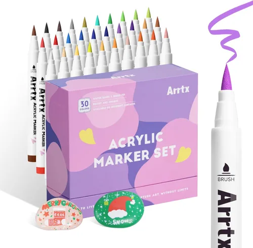 Arrtx Bolígrafos de pintura acrílica de 30 colores para pintura de rocas, punta de pincel extra, marcadores de pintura a base de agua para piedra,