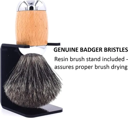 Miniatura 5 de Taconic Shave 's 100% mixto tejón cepillo de afeitar de lujo – madera de haya y mango cromado – Soporte de afeitar incluido