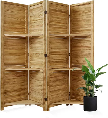 Miniatura 11 de Divisores de habitación, pantalla plegable de privacidad de madera de 67 x 51 pulgadas con tres estantes de exhibición, adecuado para oficina