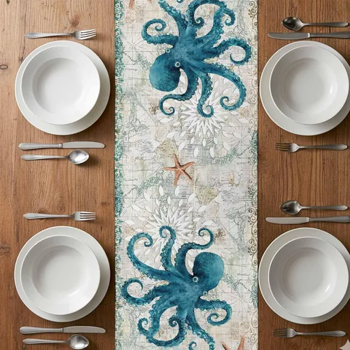 Miniatura 4 de Camino de mesa de verano pequeño de 13 x 36 pulgadas, acuarela azul, lino y algodón, pulpo de animales marinos, manteles retro con temática náutica