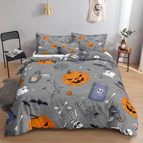 Miniatura 14 de Juego de funda de edredón de calabaza para Halloween, divertido diseño de calabaza malvada, color negro, juego de ropa de cama Tiwn 1 funda