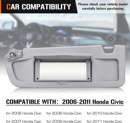 Miniatura 2 de Visera solar para Honda Civic EX LX Sedan SI Coupe 2006-2011, lado del conductor izquierdo, repuesto gris 83280-SNA-A01ZA