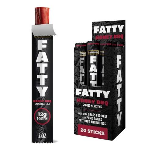 FATTY Palitos de carne, hechos con carne de res alimentada con pasto, cerdo criado sin antibióticos, 11g de proteína por palillo, Honey BBQ, relleno