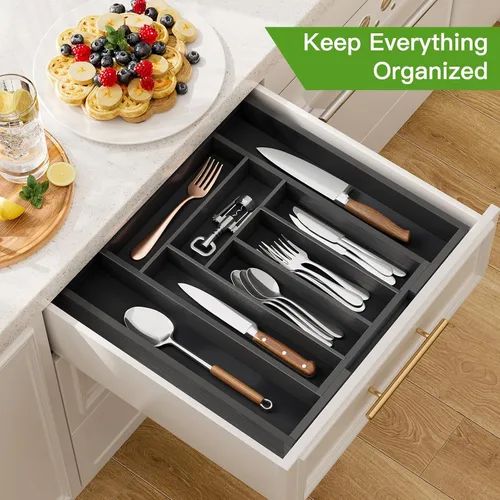 Miniatura 3 de Pipishell - Organizador de Cajones Extensible de Bambú para Soporte de Utensilios, Bandeja de Cubiertos Ajustable, Organizador de Divisores