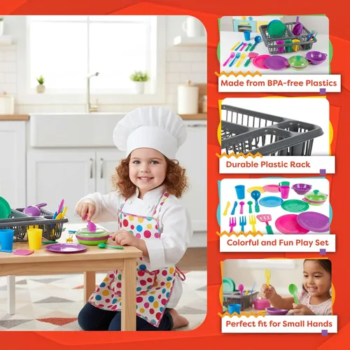Miniatura 3 de Hey! Play! Juego de platos de juego para niños, juego de vajilla de 27 piezas con escurridor, para juegos de cocina y comida de simulación, juguetes