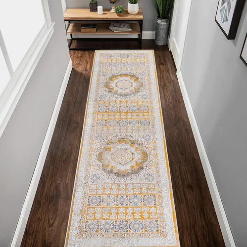 Miniatura 51 de NAAR PAYAS Collection - Alfombra de área de 6 x 9 pies, diseño de medallón crema y azul, no se desprende, resistente a las manchas, para sala