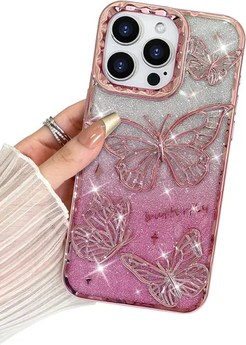 Miniatura 41 de BITOBE Diseñada para iPhone 15 Pro Max, bonita funda de mariposa 3D chapada en purpurina delgada para mujeres y niñas, protección de cámara, Negro