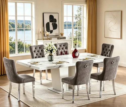 Miniatura 18 de Juego de mesa de comedor extensible de 5 piezas para 4-8 personas, 63-78 pulgadas, juego de mesa de cocina con 4 sillas tapizadas en terciopelo