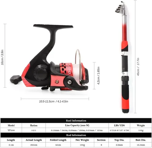 Miniatura 7 de Kit completo de carrete de caña de pescar con 2 cañas de pescar telescópicas de 6.9 ft, 2 carretes de señuelos de pesca ganchos accesorios bolsa