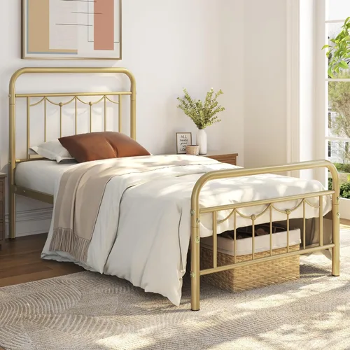 Topeakmart Base de cama de metal tamaño individual con cabecera y estribo vintage, marco de cama de metal resistente de 13 pulgadas con