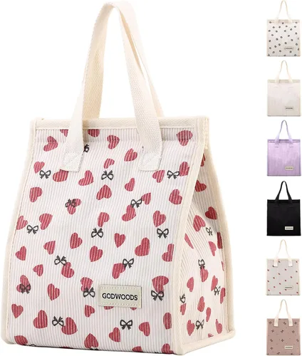 Miniatura 9 de TELLUMO Bolsa de almuerzo de corduroy para mujeres y hombres, linda bolsa de almuerzo con aislamiento y gran capacidad (7.5L), bolsa de almuerzo