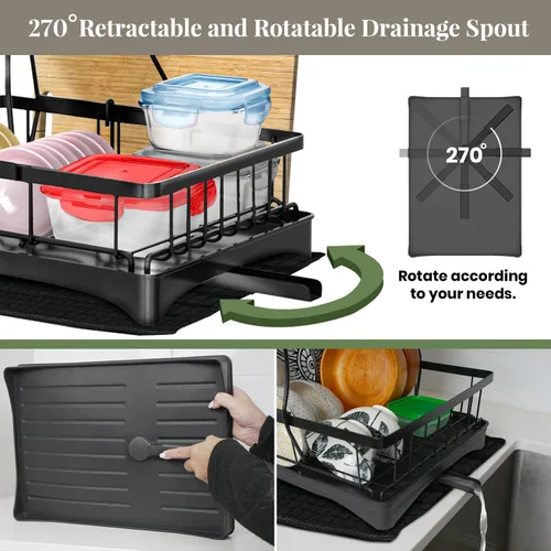 Miniatura 4 de DINEST Escurridor de platos de 2 niveles con escurridor, escurridor de platos de hierro resistente a la corrosión con boquilla giratoria de 270°