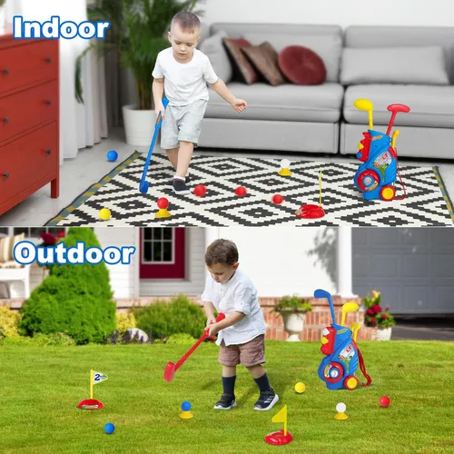 Miniatura 7 de Juego de golf para niños y niñas de 1, 2, 3, 4 años, carrito de golf mejorado para niños con 3 palos y 8 bolas, juguetes deportivos para interiores