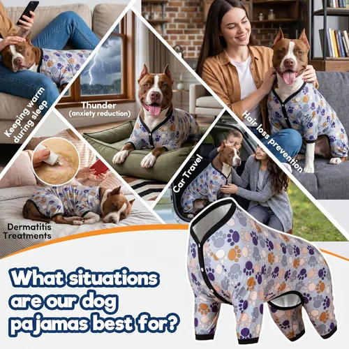 Miniatura 4 de LovinPet Mameluco para perros de razas grandes, pijama para perro, tela elástica ligera, camisa de manga larga para perro, estampado Paw-Some gris