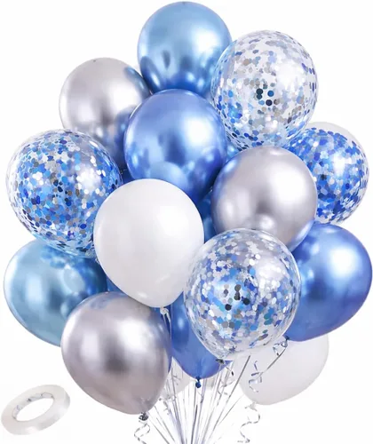 Kit de guirnalda de globos azules y blancos plateados, 60 globos de látex de confeti azul cromado, blanco y plateado de 12 pulgadas para baby