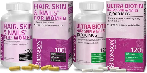 Bronson Suplemento vitamínico extra fuerte para el cabello, la piel y las uñas con biotina para mujeres + Ultra Biotina 10,000 Mcg