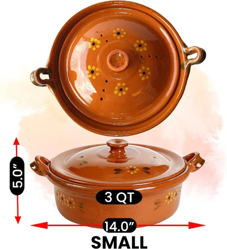Miniatura 4 de Ancient Cookware, Maceta plana de arcilla mexicana Cazuela, pequeña, 3 cuartos de galón