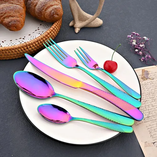 Miniatura 8 de JASHII Rainbow - Juego de cubiertos martillados, 20 piezas de utensilios de cocina de acero inoxidable de alta calidad, para 4, incluye tenedor