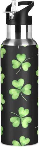 Green Shamrocks Clovers Black Stainless Steel Vacuum Insulated Water Bottle 20 Oz, BPA-Free Sports Water Bottle with Straw Leakproof Water Bottles