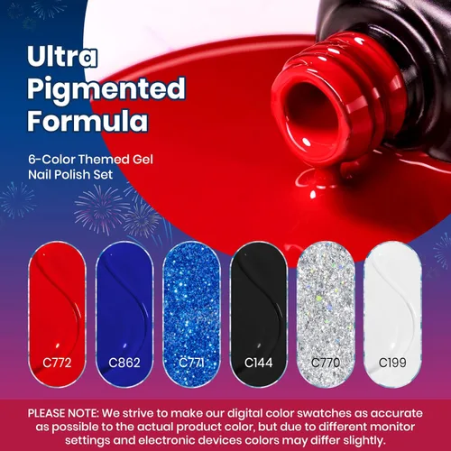 Miniatura 3 de Beetles - Juego de esmaltes de uñas de gel para el 4 de julio, 6 colores rojo, blanco, azul marino, con esmalte de gel de purpurina plateada, se