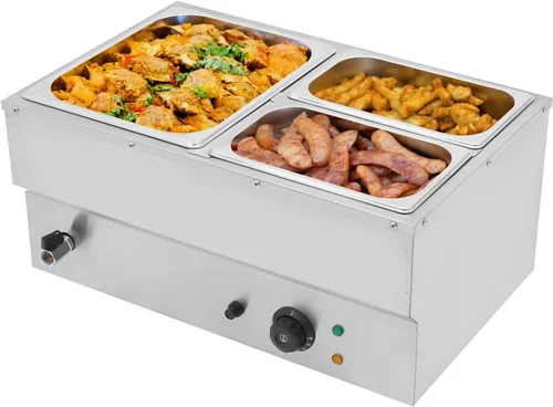 Mesa de vapor comercial de 3 bandejas, calentador eléctrico de alimentos Bain Marie de 600 W de acero inoxidable para encimera, recipiente