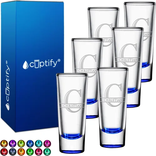 Miniatura 100 de Vaso de chupito personalizado con fondo verde azulado personalizado de 2 oz, vasos de chupito cordial con inicial en script dividido y nombre