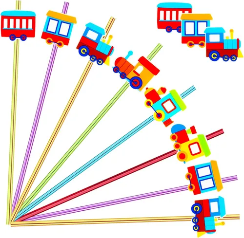 Paquete de 24 pajitas de plástico reutilizables con temática de tren, 6 colores, pajitas para bebidas y cócteles con decoración de dibujos animados,