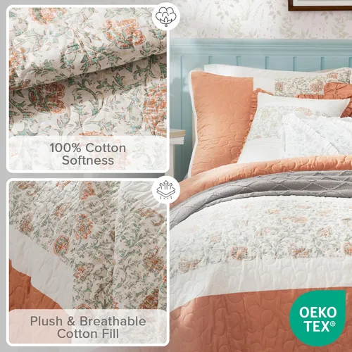 Miniatura 3 de Madison Park Juego de colcha 100% algodón con estampado floral, costuras de doble cara, para todas las estaciones, colcha ligera de estilo shabby