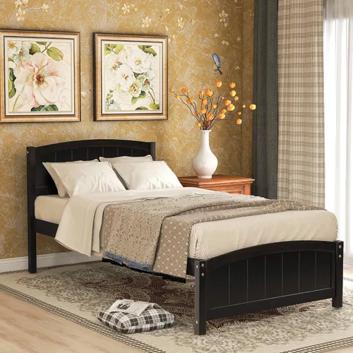 Harper & Bright Designs Base de cama individual, plataforma de madera con cabecera y estribo, soporte de listones de madera, no necesita somier,