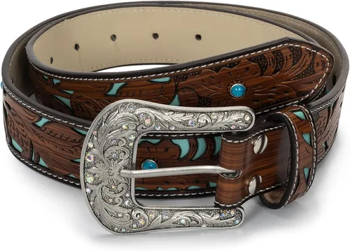 Miniatura 7 de Western-Cowgirl-Cinturones para Mujer y Hombre Turquesa-Decorado-Hebillas Plateadas-Cinturones de Cuero de Vaquero Occidental para Pantalones
