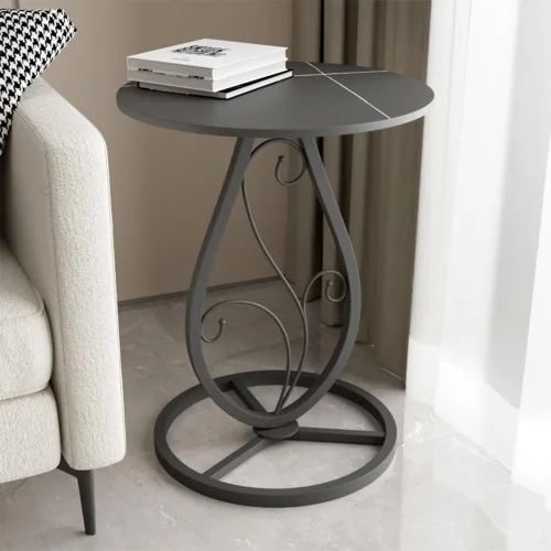 Mesa auxiliar redonda bohemia para sala de estar, mesas auxiliares de escritorio de mármol natural con base floral de metal minimalista bohemio,