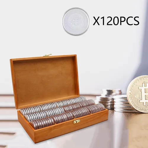 Miniatura 2 de Soporte para monedas de madera de 0.787-1.811 in, 120 cápsulas de monedas altamente transparentes con junta de espuma, soporte para coleccionista