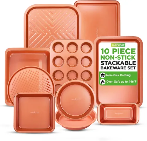 NutriChef Set de 10 piezas de bandejas para hornear - Juego de utensilios de horno de acero al carbono de lujo con revestimiento antiadherente gris