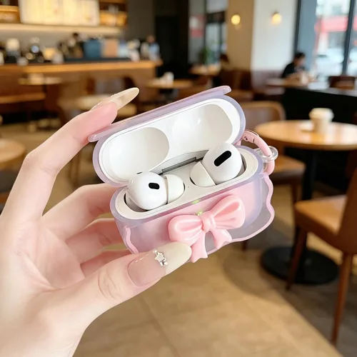 Miniatura 4 de Bonita funda transparente para AirPods Pro 2/1 Gen, diseño de lazo 3D femenino, funda protectora y a prueba de golpes de TPU suave Kawaii para Apple
