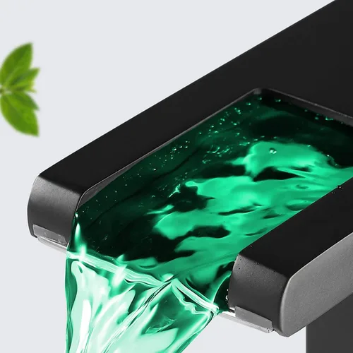 Miniatura 7 de Grifo de baño con luz LED RGB, boquilla de cascada, color negro, 3 colores cambiantes, mango de un agujero, conjunto de drenaje a juego