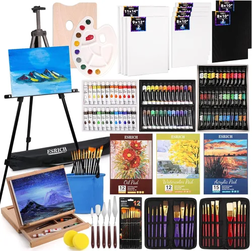 ESRICH Juego de 141 piezas de pintura de artista de lujo, suministros de pintura con 84 pinturas (aceite, acuarela, pintura acrílica) caballetes de