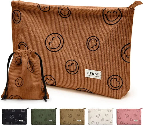 Miniatura 24 de WLLWOO - 2 bolsas de maquillaje de pana con cara sonriente, bolsa de cosméticos con cremallera interior impermeable, estuche para lápices, monedero