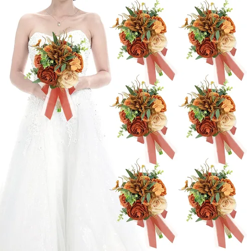 Miniatura 15 de Juego de 4 ramos para dama de honor para boda - Ramos de flores artificiales de 7 pulgadas para decoración de centros de mesa de ceremonia y Azul